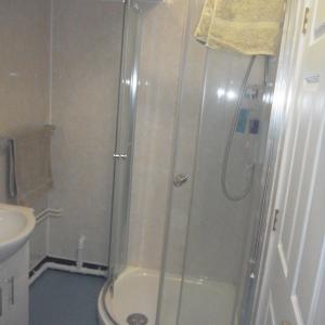 a bathroom with a shower, toilet, and sink at The Oldtown Inn in Cookstown