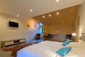 a bedroom with two beds and a tv on the wall at Casa Mir in Saint-Lary-Soulan