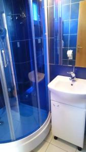 een badkamer met een douche, een toilet en een wastafel bij Apartment Pepi in Povljana