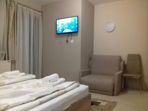 a room with two beds and a chair and a television at Guest House Dimitrije in Niška Banja