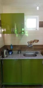 Una cocina verde con lavabo y espejo. en The Green Nubian House, en Asuán