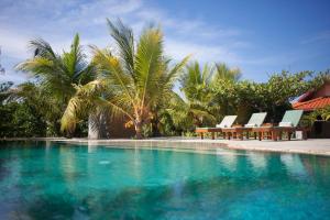 a pool with chairs and palm trees next to a house at Wild Lotus Yala in Tissamaharama