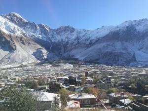 a small town in front of a snowy mountain at Belas guesthouse in Stepantsminda