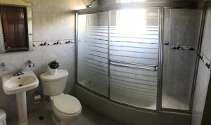 a bathroom with a shower and a toilet and a sink at Hostal Bella Epoca in Santo Domingo