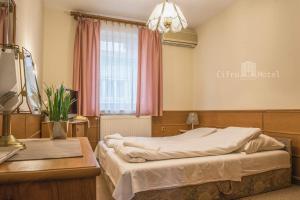 a hotel room with a bed and a window at Cifra Motel in Kecskemét