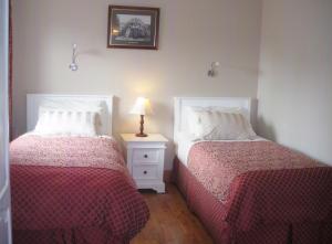 um quarto com 2 camas e um candeeiro numa mesa de cabeceira em Redwood em Killarney