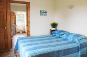 ein Schlafzimmer mit einem Bett mit einer blau gestreiften Decke in der Unterkunft The Carriage House-Bay of Islands in Kerikeri