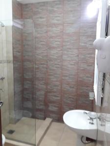 La salle de bains est pourvue d'une douche, d'un lavabo et de toilettes. dans l'établissement La Chacarita apart, à San Fernando del Valle de Catamarca