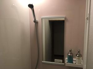 a bathroom with a mirror and a blow dryer at Guest House Minato in Miyako