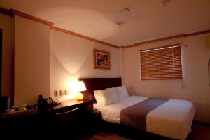 a bedroom with a bed and a desk with a lamp at Hotel Daewoo Inn in Seoul