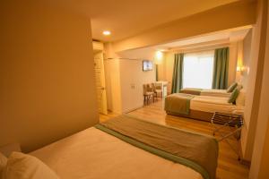 チャナッカレにあるParion House Hotelのベッド2台とソファが備わるホテルルームです。