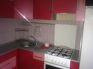 アゾフにあるМира д 43 кв 8のキッチン(赤いキャビネット、コンロ、シンク付)