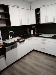 een keuken met witte kasten en een wastafel bij Centrum Apartman LEYLA in Bardejov
