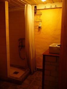 a shower in a bathroom with a shower curtain at Stone house on the rock in Lílaia