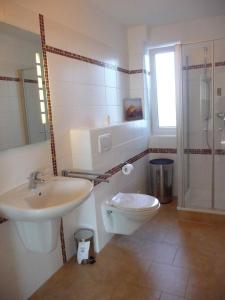 a bathroom with a sink and a toilet and a shower at STHS78213-FeWo-Fehmarnstrand-II in Staberdorf