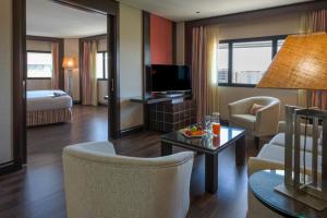 
a living room with a couch, chair and a tv at Hotel Cordoba Center in Córdoba
