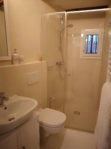 ein Bad mit einer Dusche, einem WC und einem Waschbecken in der Unterkunft Space Nr. 11 in Meran