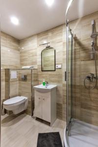 カトヴィツェにあるAPARTAMENTY ATRIUMのバスルーム(トイレ、洗面台、シャワー付)