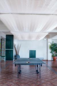 a ping pong table in the middle of a room at Cavos Bay Hotel & Studios in Armenistis