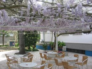a group of tables and chairs under a tree with purple flowers at Hotel Prati in Castrocaro Terme