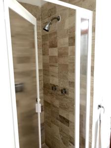 a shower with a glass door in a bathroom at Hotel Pacifica Departamento 2220 in Ixtapa