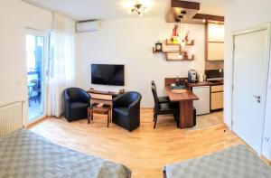 ein Wohnzimmer mit einem Tisch und Stühlen sowie eine Küche in der Unterkunft DM apartment in Niš