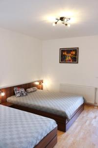 1 dormitorio con 2 camas y ventilador de techo en DM apartment, en Niš