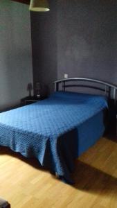 a bed with a blue blanket on it in a room at Gîte Etchegoyhen in Lacarry-Arhan-Charritte-de-Haut