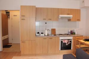 a kitchen with wooden cabinets and a stove top oven at Apartment Na skali in Kranj