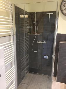 eine Dusche mit Glastür im Bad in der Unterkunft Haus Solymar App. 18 in Grömitz