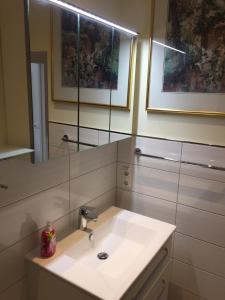 a bathroom with a sink and a mirror at Haus Solymar App. 18 in Grömitz