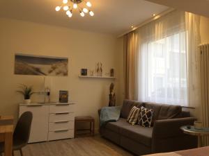 ein Wohnzimmer mit einem Sofa und einem Fenster in der Unterkunft Haus Solymar App. 18 in Grömitz
