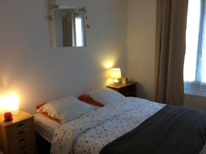a bedroom with a bed and a mirror and two lamps at Appartement 4 personnes centre ville in Châteauneuf-sur-Loire