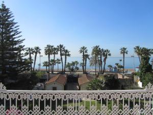 a view of the beach and palm trees from a balcony at Villa Amalia Suites Malaga in Málaga