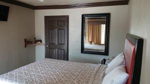 1 dormitorio con cama, espejo y puerta en Santa Ana Travel Inn en Santa Ana