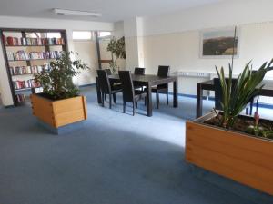 a dining room with a table and chairs and plants at Bergsee in Schluchsee