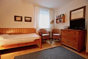 ヴァンガーオーゲにあるHaus Seemumel Seemumel OGのベッドルーム(ベッド1台、テレビ、ドレッサー付)
