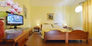 a bedroom with a bed and a desk with a television at Hotel Maisonnette in Torgnon