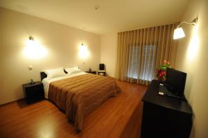a hotel room with a bed and a television at Senhor dos Perdoes Alojamento Local in Ribeirão +21 photos