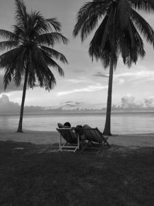 une personne assise sur une chaise sur une plage avec deux palmiers dans l'établissement Malai-Asia Resort, à Thap Sakae