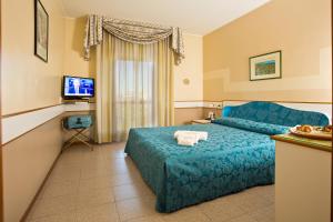 モンティキアーリにあるHotel Faroのベッドとテレビが備わるホテルルームです。