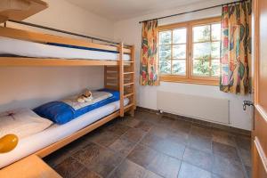 een slaapkamer met een stapelbed en een hond op het bed bij Försterli West in Grächen