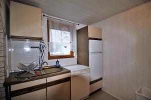 una pequeña cocina con fregadero y nevera. en Monteurhaus Burgberg - Giengen an der Brenz, en Burgberg