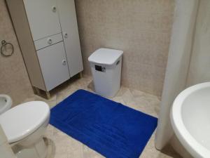 łazienka z toaletą i niebieskim dywanem w obiekcie terra e mare w mieście Collemeto