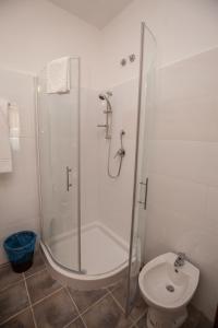 La salle de bains est pourvue d'une douche et de toilettes. dans l'établissement Hotel Giulietta e Romeo, à Casal Palocco