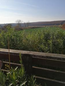 een uitzicht op een veld met een hek en een veld bij Felsőréti Vendégház in Demjén