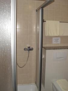 a shower with a glass door in a bathroom at Gasthaus zur Schnecke Kandern in Kandern