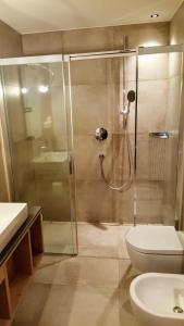 a bathroom with a shower and a toilet and a sink at Residence Forcelles in San Cassiano