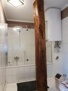 uma casa de banho com um chuveiro, uma banheira e um WC. em Ferienwohnung "Mia" em Quedlinburg