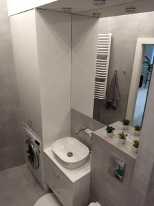 a bathroom with a toilet and a washing machine at Apartament Kamea Wieliczka Centrum in Wieliczka